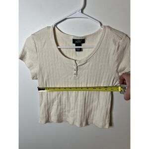 Just Polly Shirt Women's Large Ivory Ribbed Henley‎ Button Front Cropped Cotton